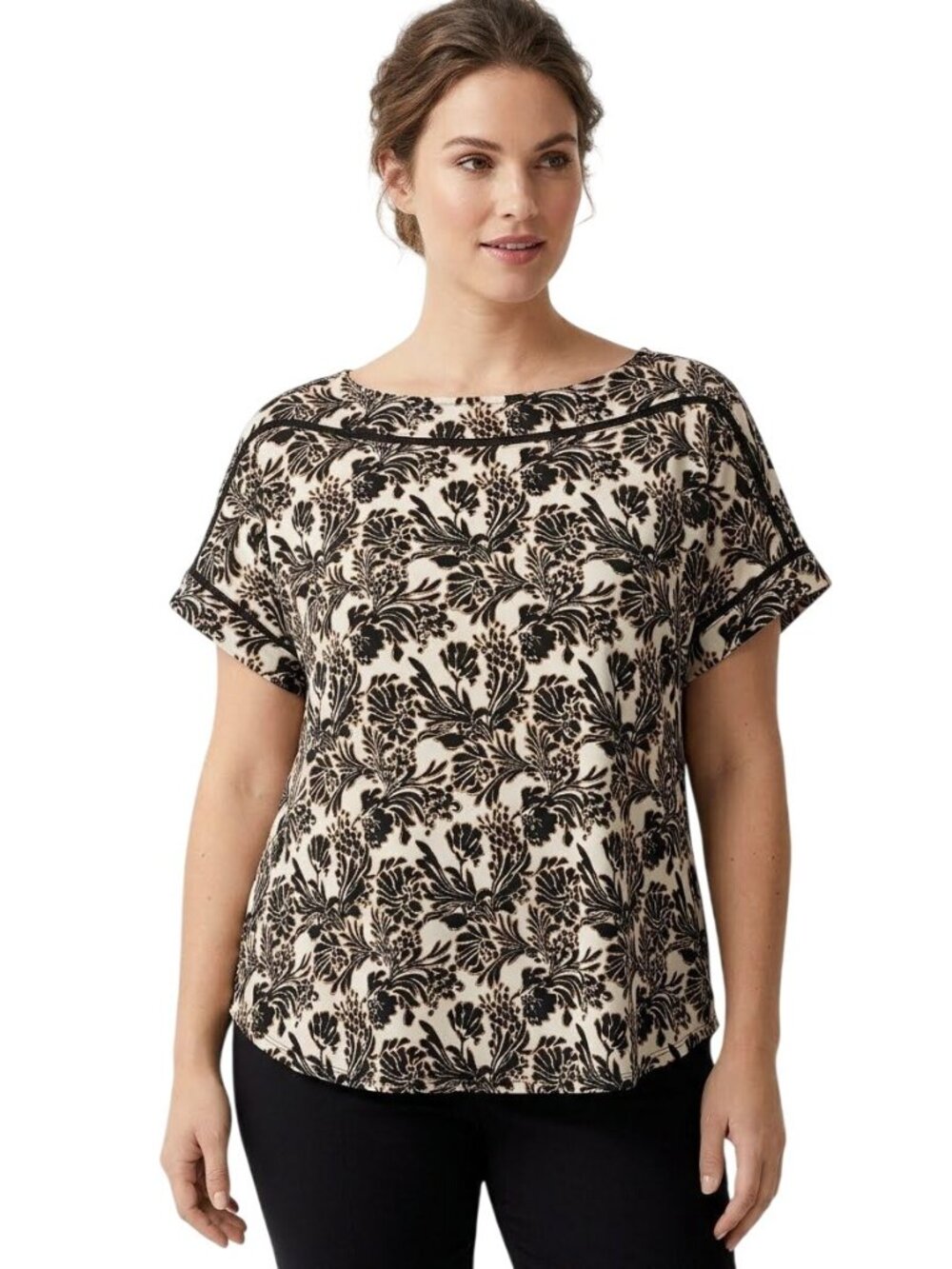 Lane Bryant Top Plus Size 22/24 Floral Boat Neck Short Sleeve Black White Boho